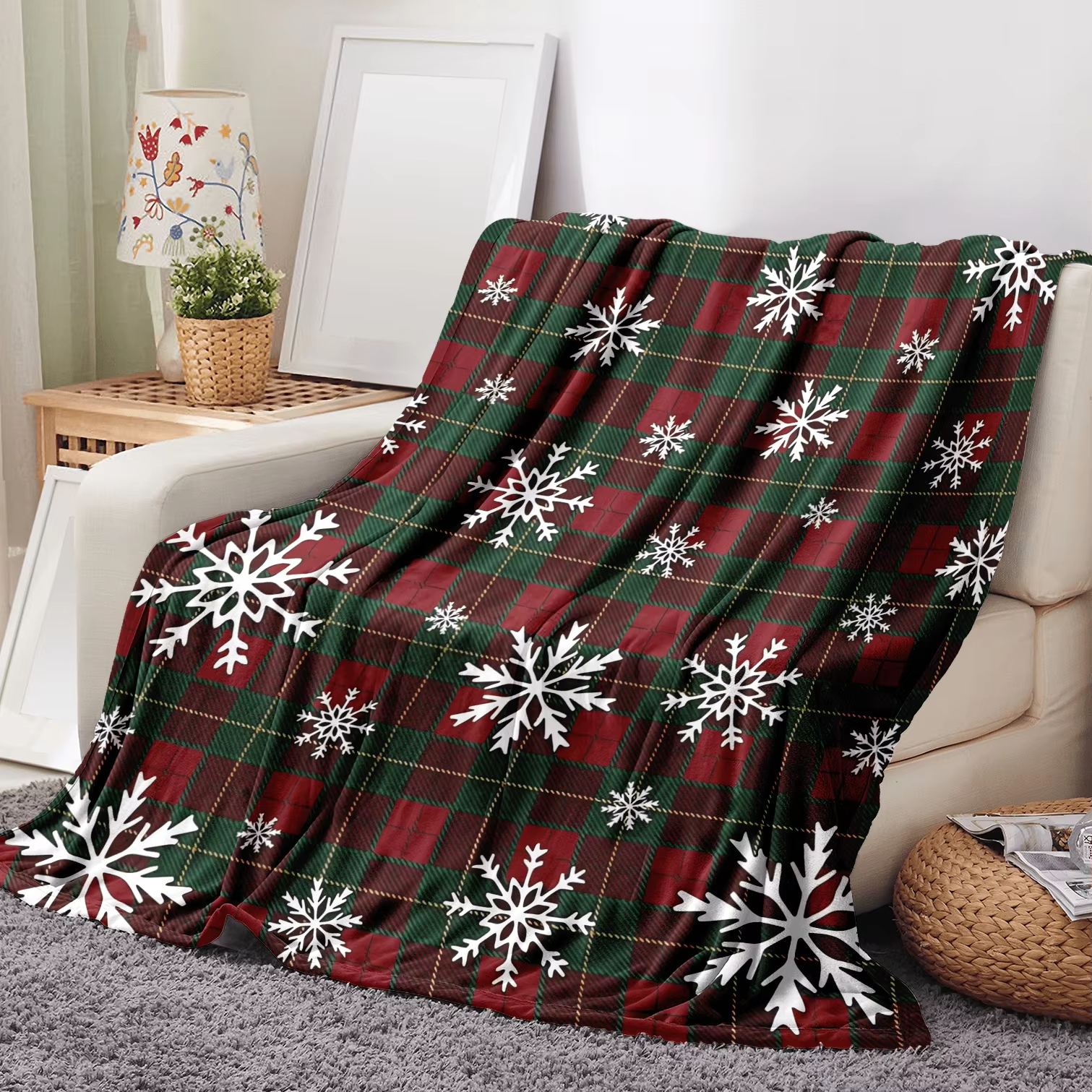 Home Decor Design Ideas - Xmas Plaid Fleece Blanket With Snow