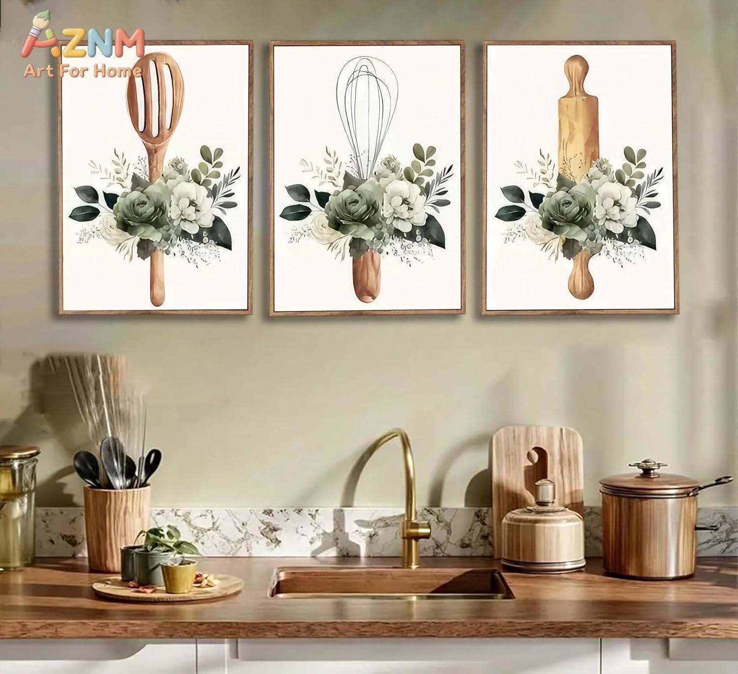 Home Decor Green - AZNM Kitchen Utensils Floral Canvas Wall