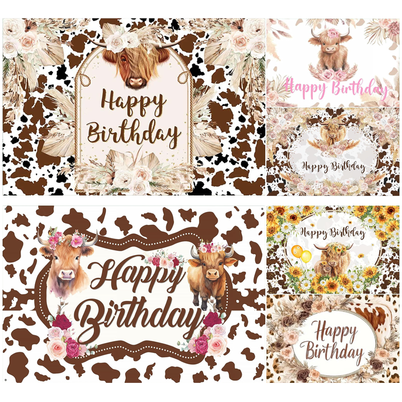 Pampas Grass Decor - Cows Birthday Backdrop Brown Highland Cattle