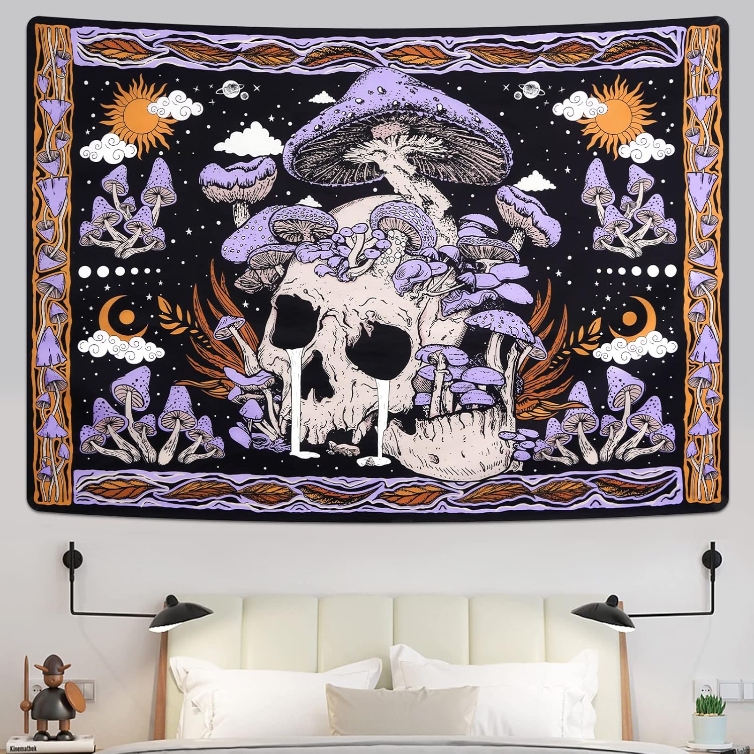Home Decor Quirky - Trippy Purple Mushroom Skull Tapestry, Sun