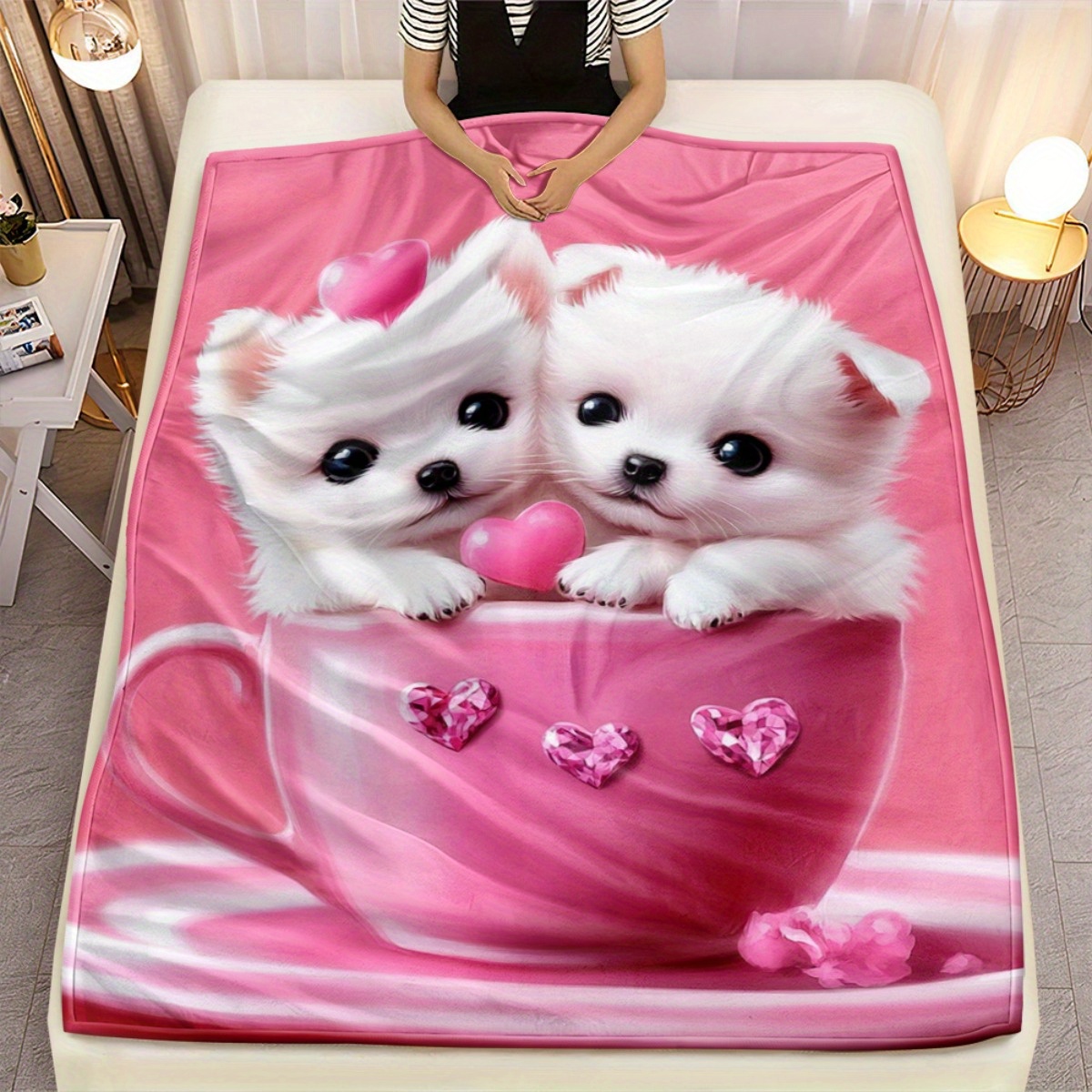 Home Decor Design Ideas - Cute Puppies Tea Cup Heart Blanket