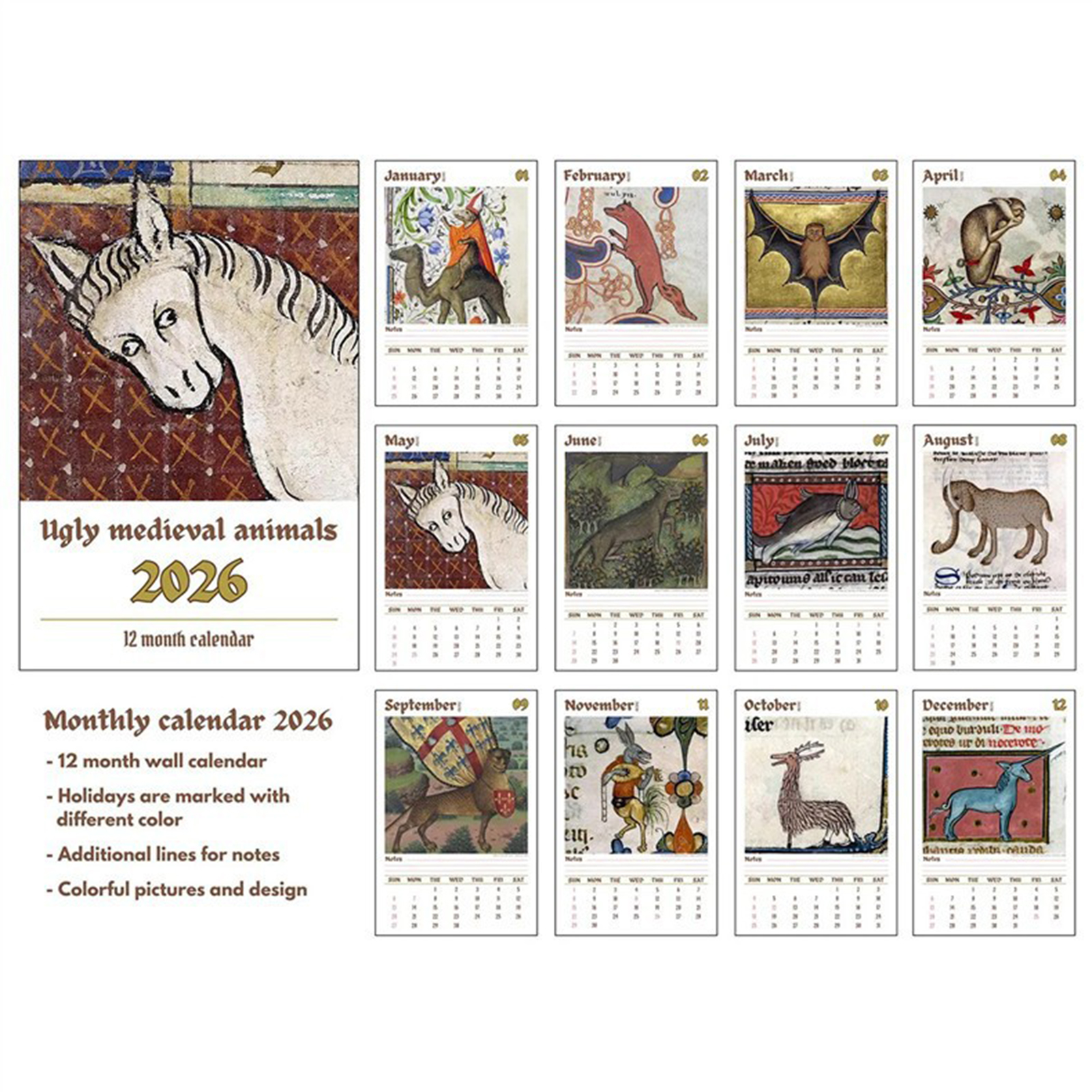 2026 Wall Calendar with Mediev - Home Decor Medieval 评论和价格